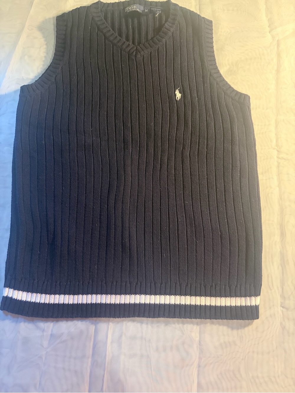 Ralph Lauren Navy V-Neck Ribbed Sweater Vest with White Trim